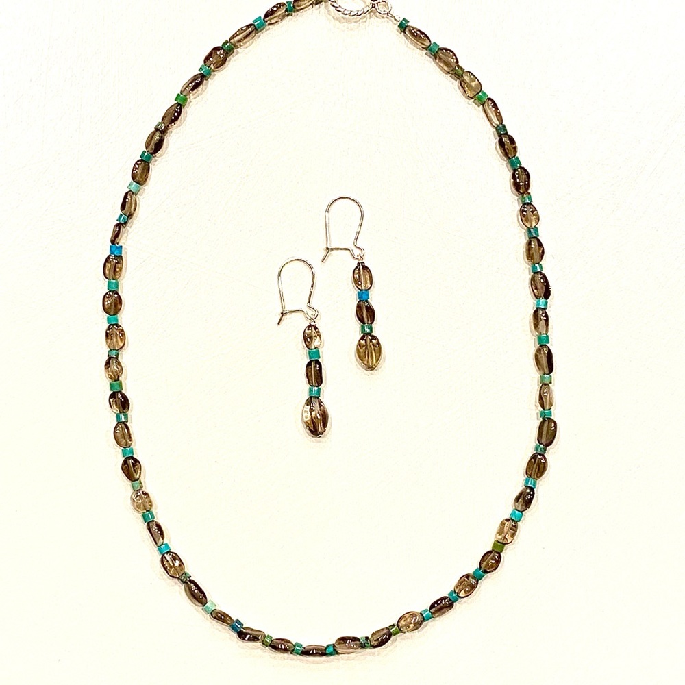 Handcrafted Smoky Quartz and Turquoise Necklace and Earrings Set